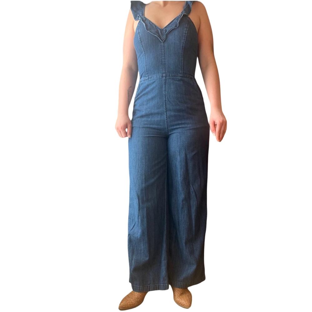 Dark Denim Jumper Size 0 Loft Ruffled Vneck Classic Wide Leg Classic Minimalist
